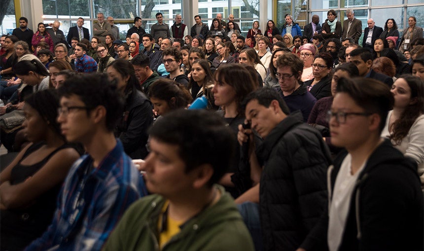 The crowd at Thursday's forum on the executive orders on immigration.