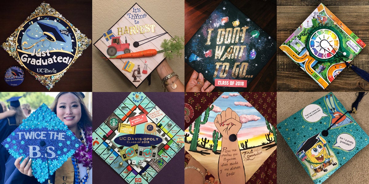 UC Davis decorated grad caps