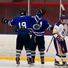 Hockey players celebrate a goal.