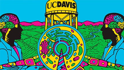 Colorful graphic shows UC Davis water tower and two people.
