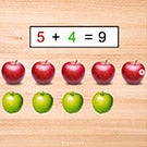 Math problem showing five apples + four apples = nine apples