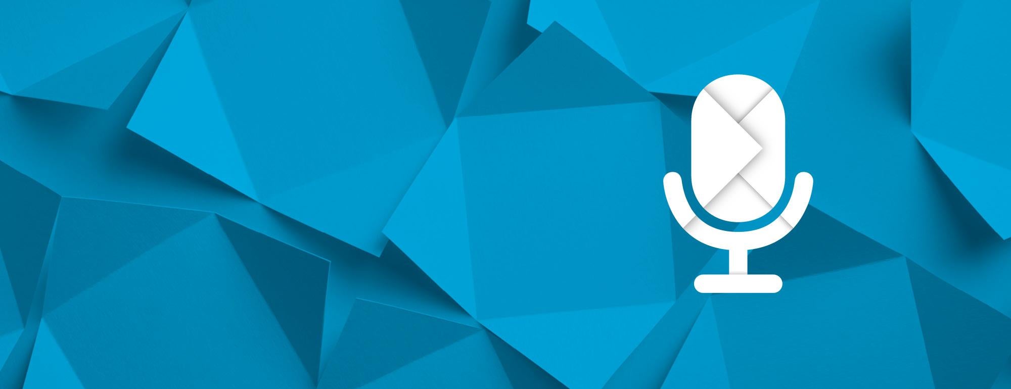 A background showing folds of blue paper with a  illustrative icon of a white microphone showing folds conveying a similar concept