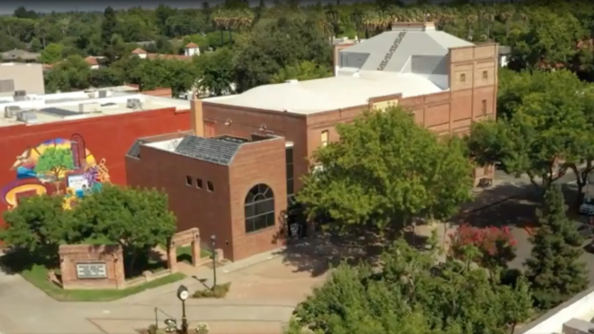An aerial view of Woodland Opera House