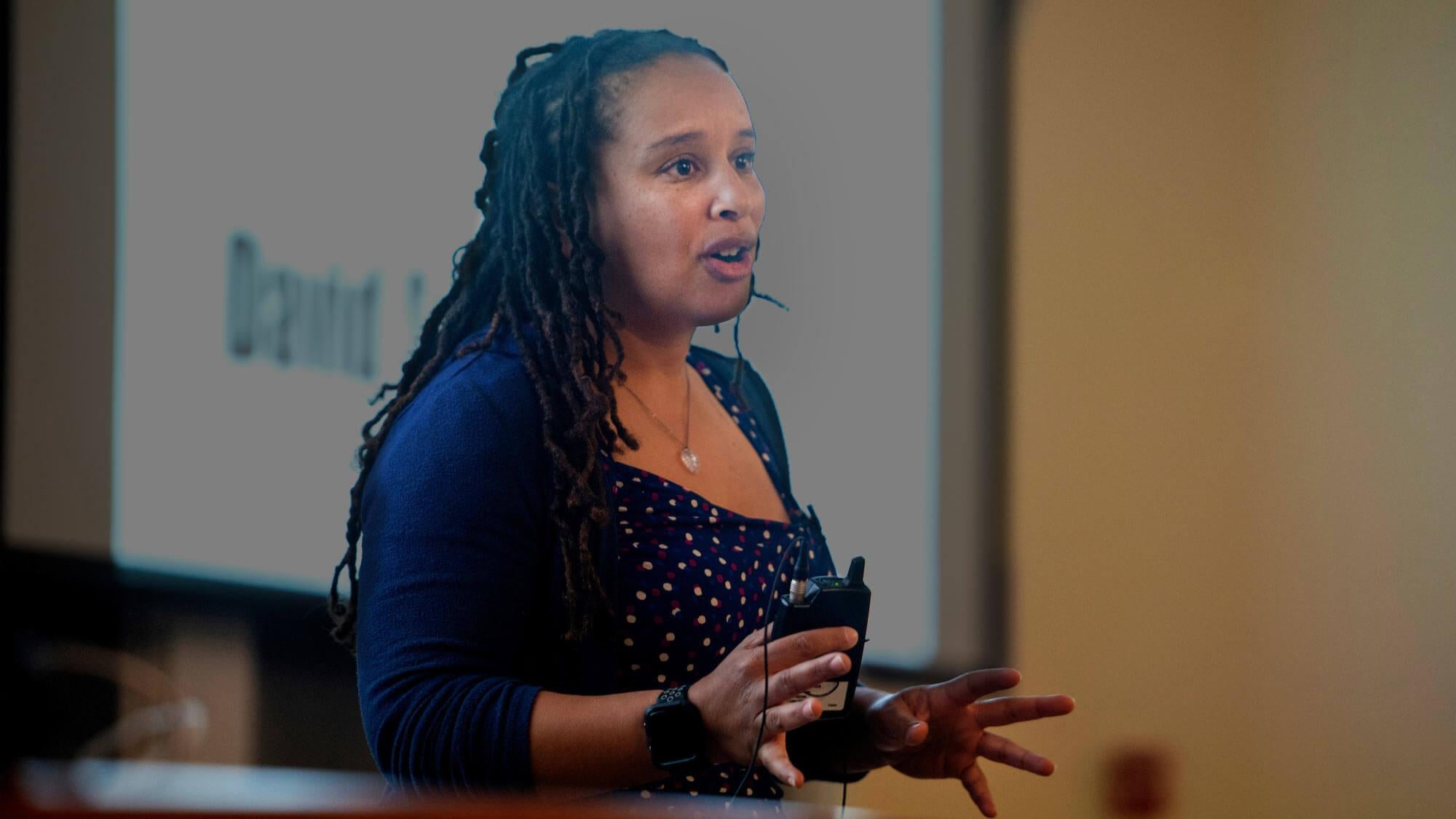 A UC Davis professor lecturing her class