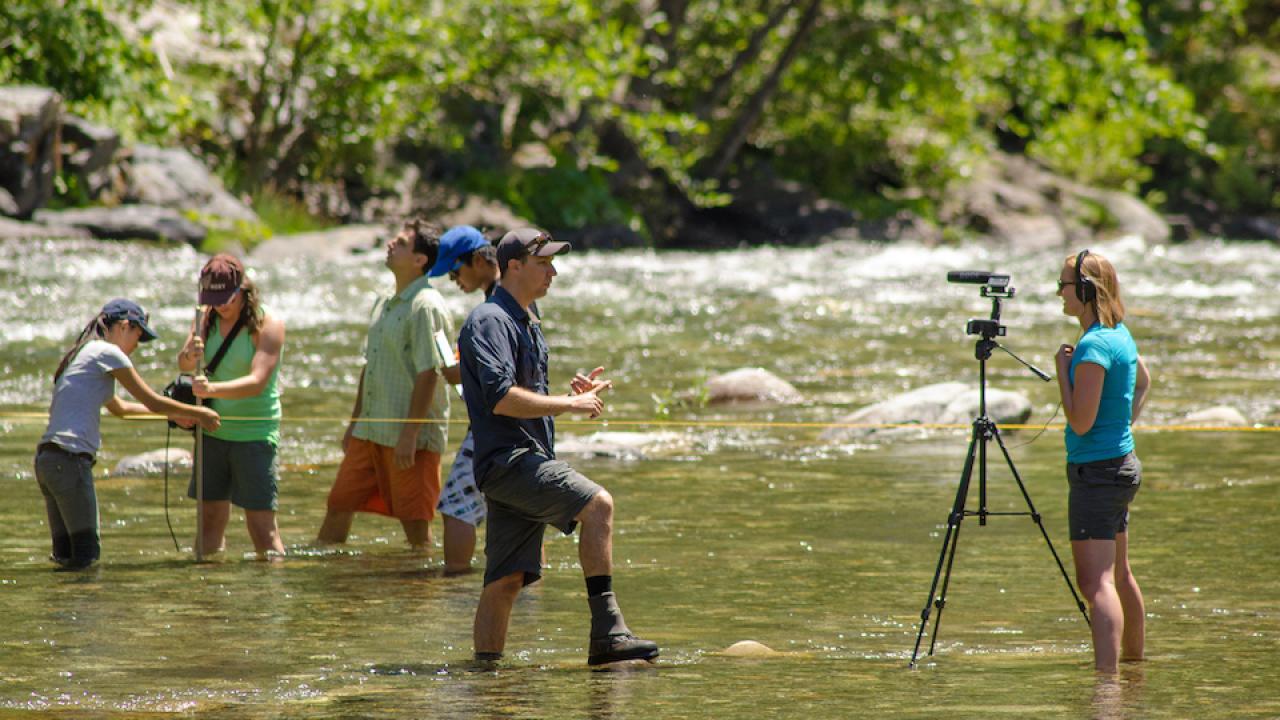 Students work in research teams to produce short videos from a river. They are wading in the water with a camera.