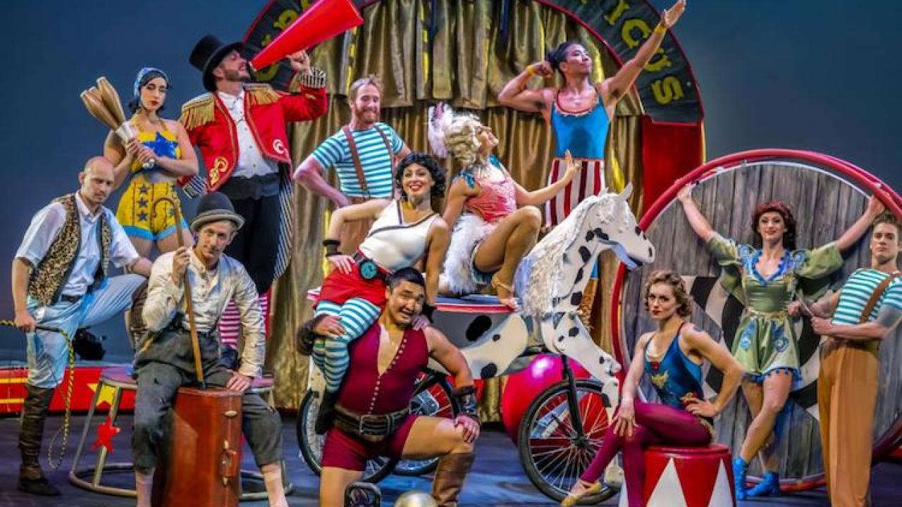 Members of the Cirque Mechanics troupe posing on stage in costume.