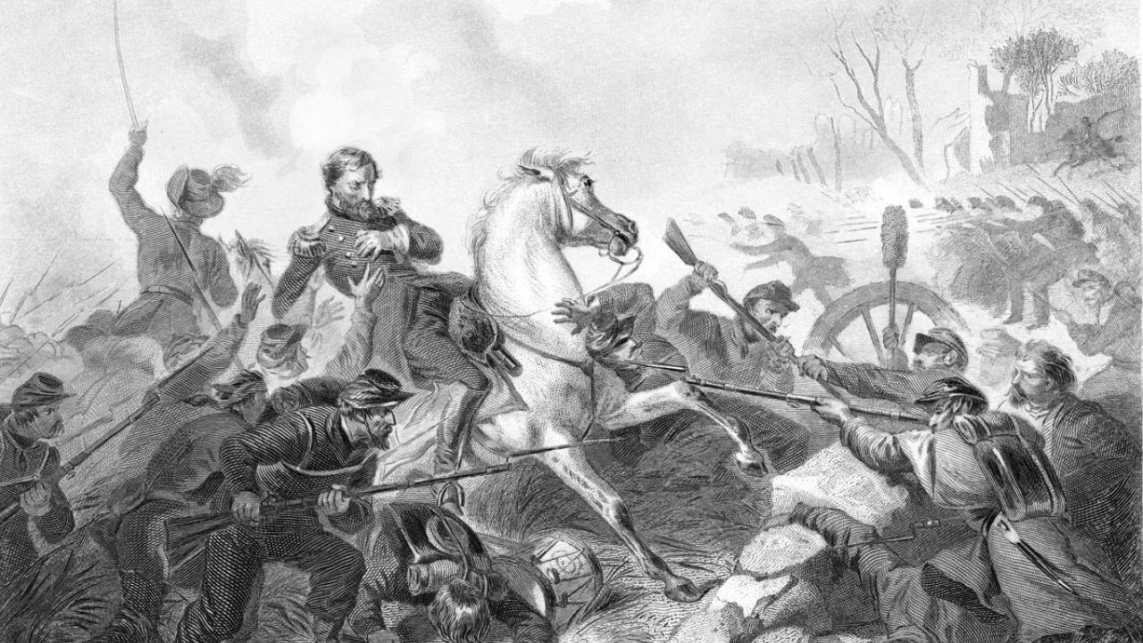 Drawing of a Civil War battle, black-and-white engraving