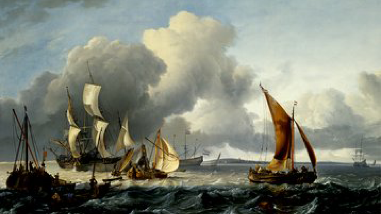 Book cover, cropped: "Exit Left," ships in battle