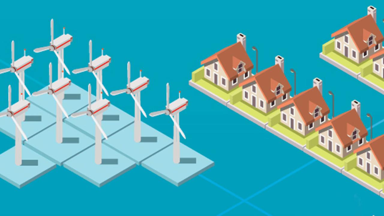 Book cover, cropped, showing wind farm and housing subdivision on grid.