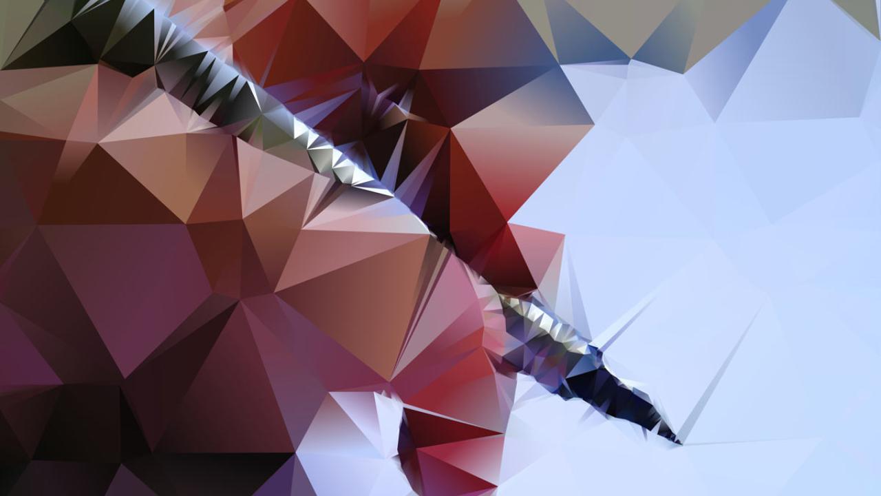 A hand writes with a pen, with geometric pattern overaly