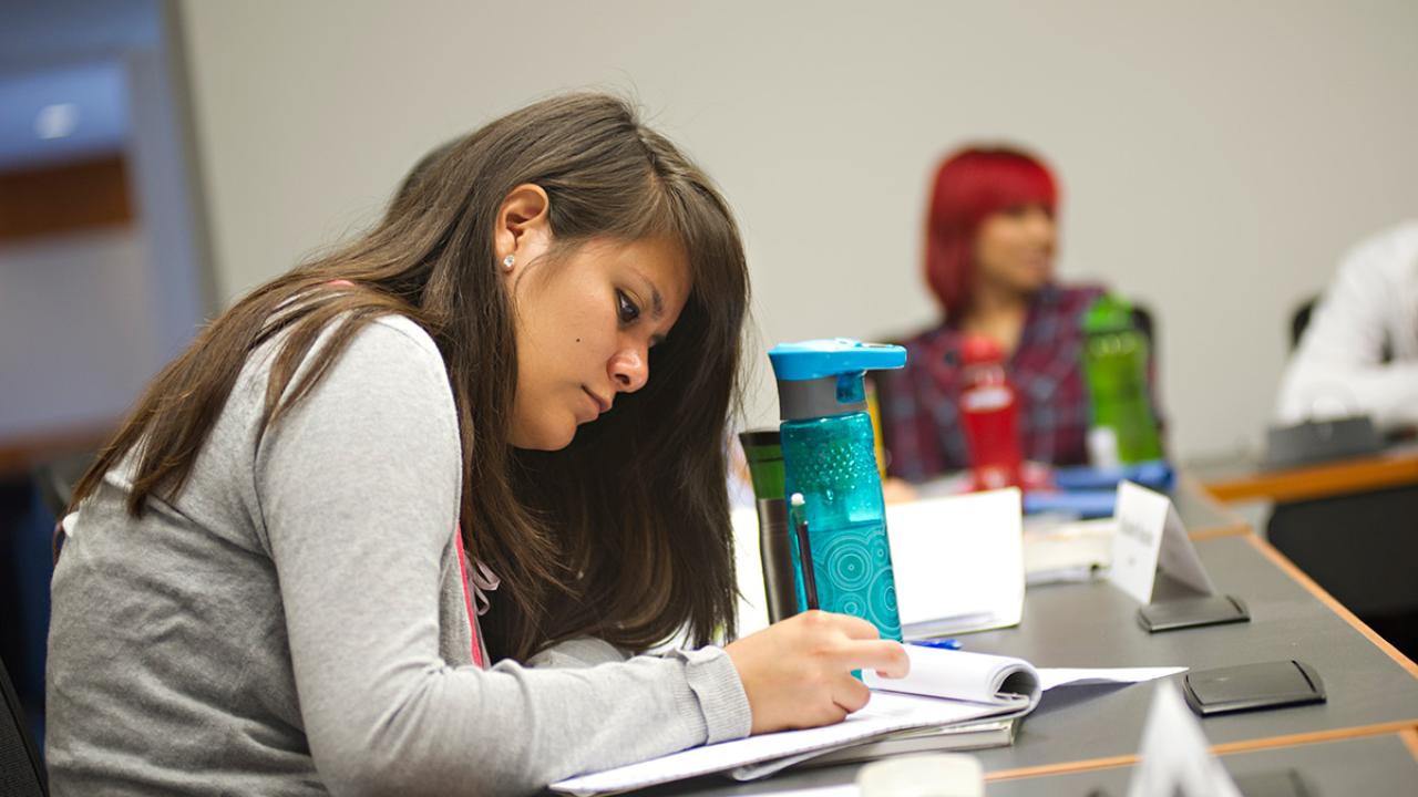 Haydee Gonzalez working on pre-law class at the UC Davis School of Law.