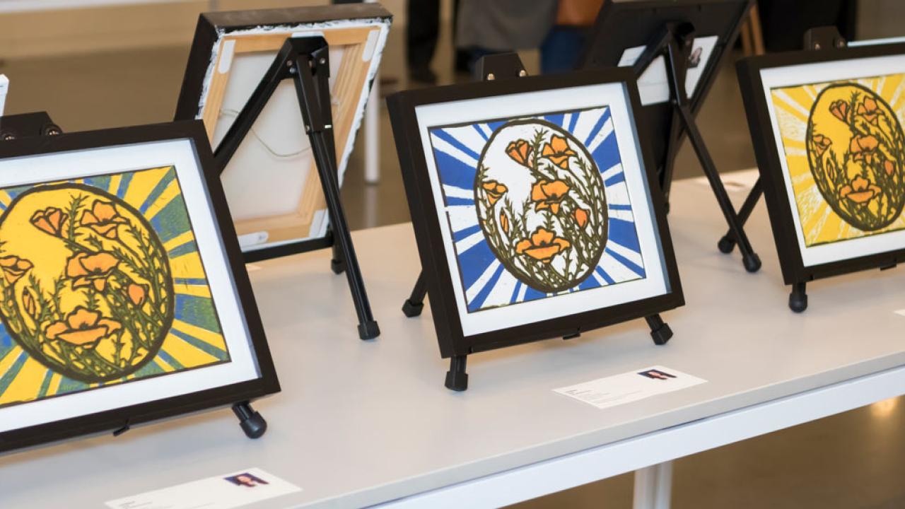 3 woodblock prints (framed) of California golden poppies