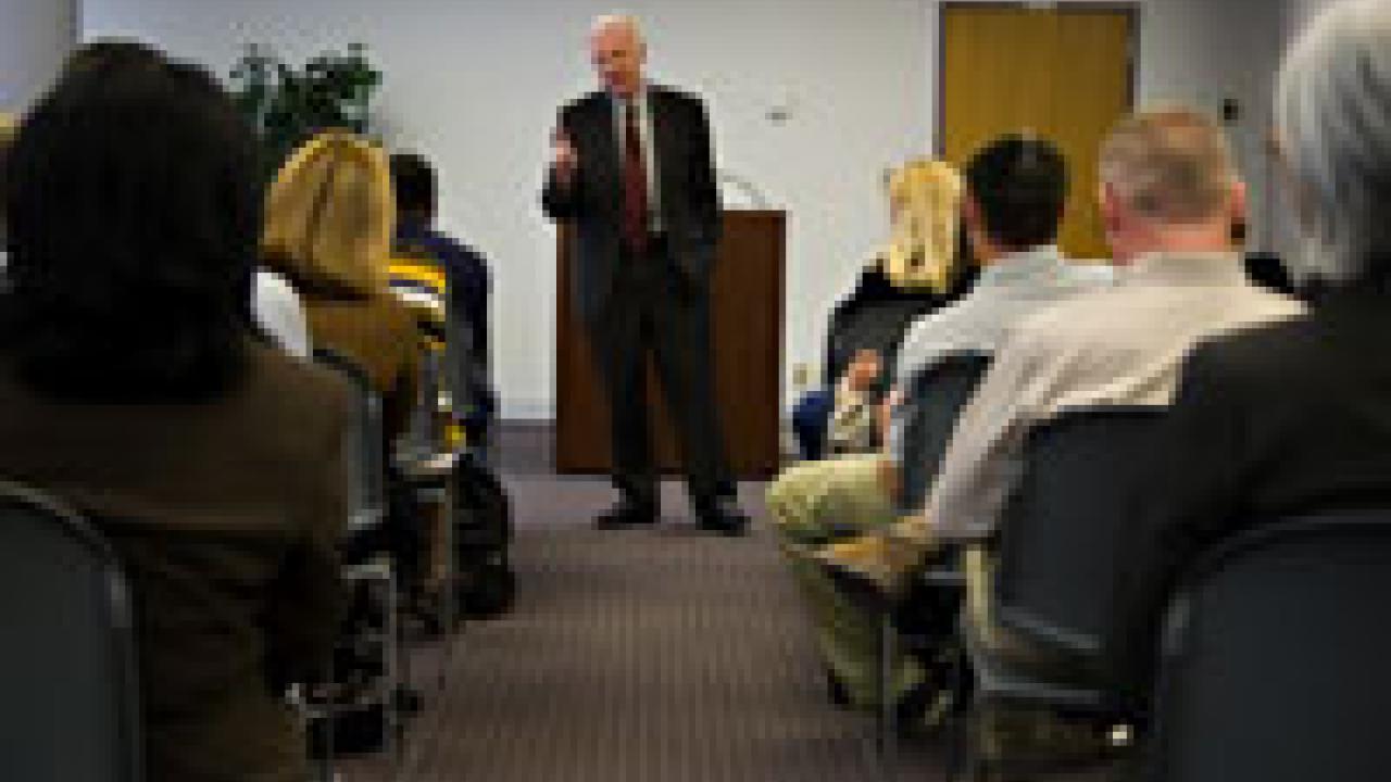 Chancellor Larry Vanderhoef discusses campus issues at the brown bag on Oct. 10.