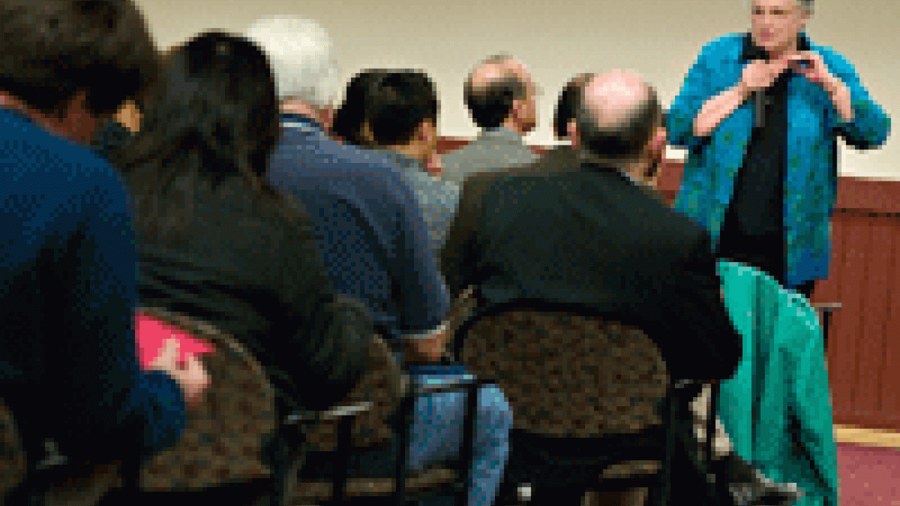 Interim provost Barbara Horwitz talks to members of the campus community at the chancellor&rsquo;s brown bag chat Feb. 13 in the Silo.