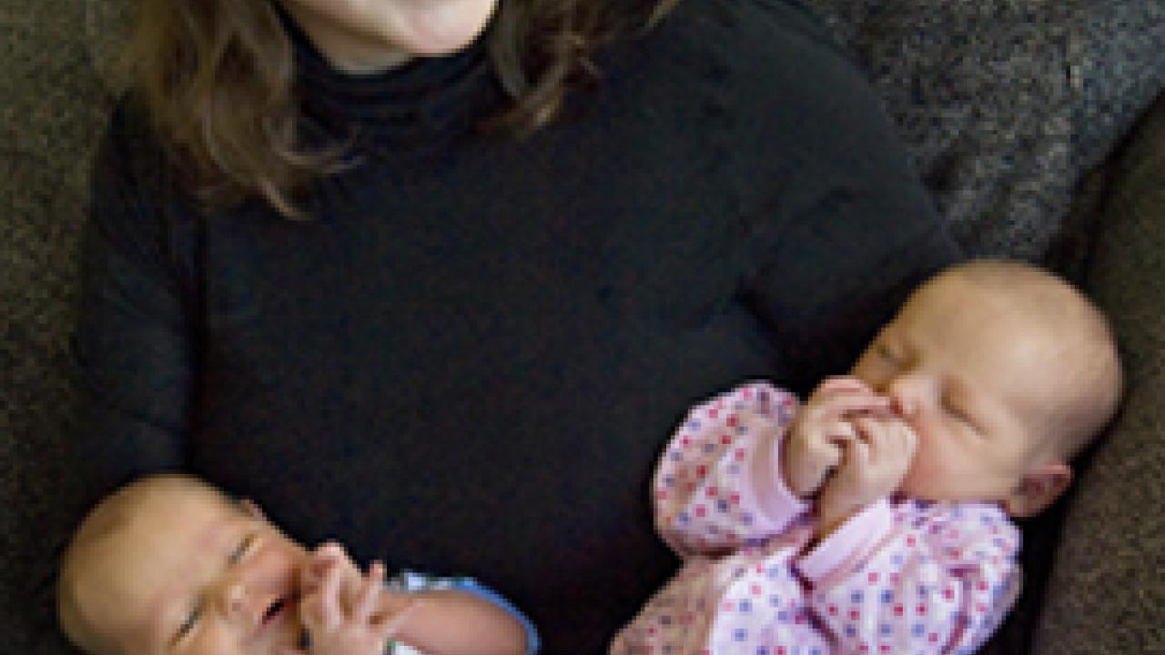 Katherine Florey, assistant professor of law, and twins, Sean and Miranda, photographed March 18 at the age of 2 weeks.