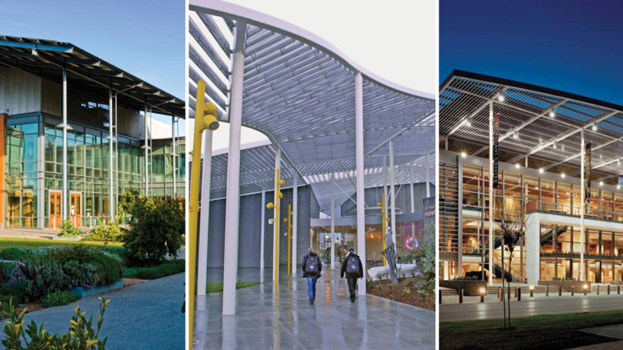 Combo pic of building exteriors: Robert Mondavi Institute, Manetti Shrem Museum and Mondavi Center