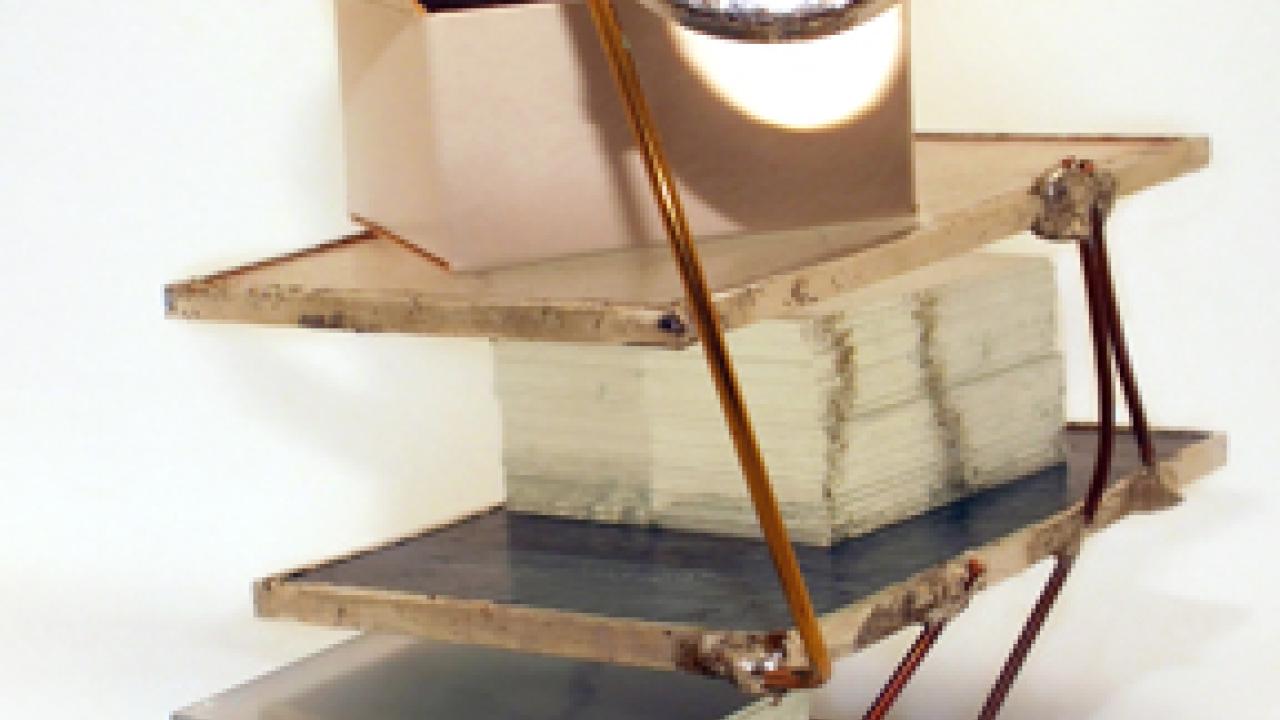 Jared Tolla's A Little Construction, one of his works in Remnants. The pieces are small: Each would fit inside a 3-inch cube.