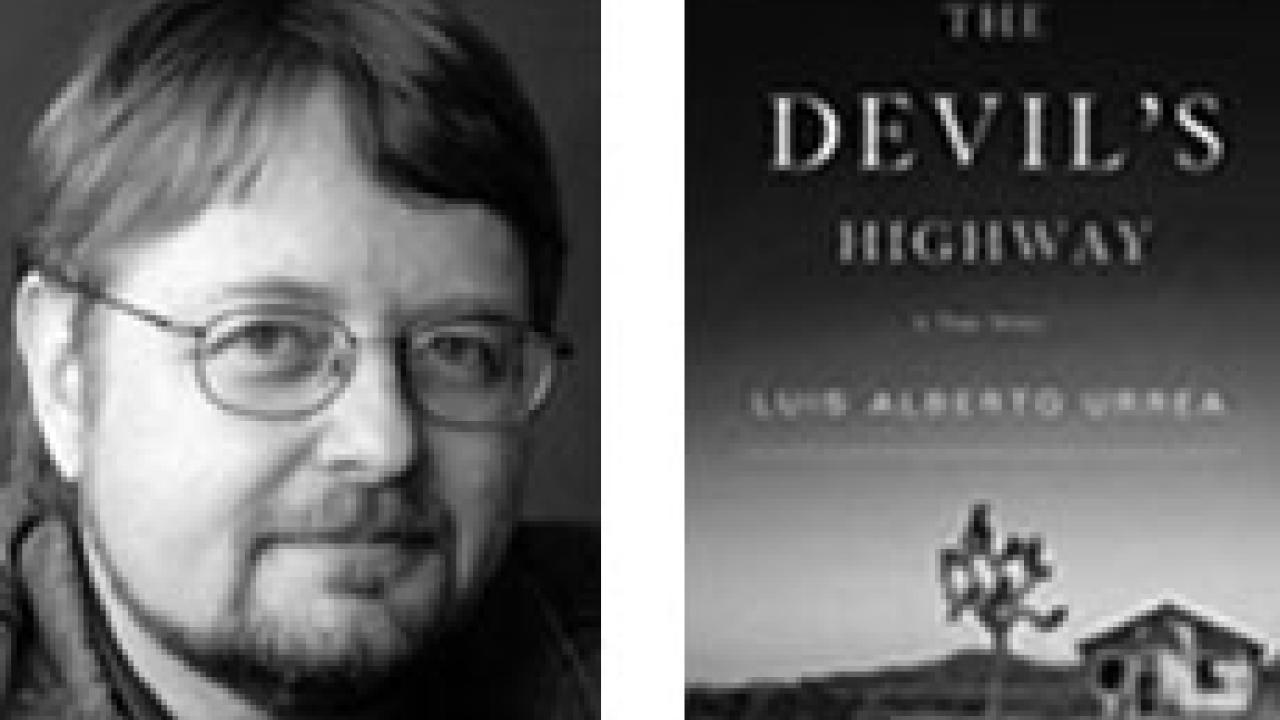 Author Luis Alberto Urrea and his book.