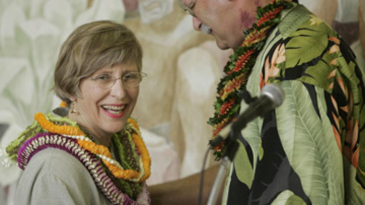 University of Hawaii President David McClain welcomes Virginia Hinshaw at a March 16 news conference where she was introduced as the new chancellor of