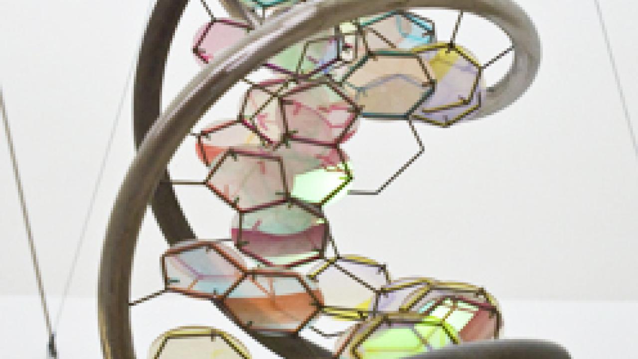 Hanging DNA sculpture in the Life Sciences Building