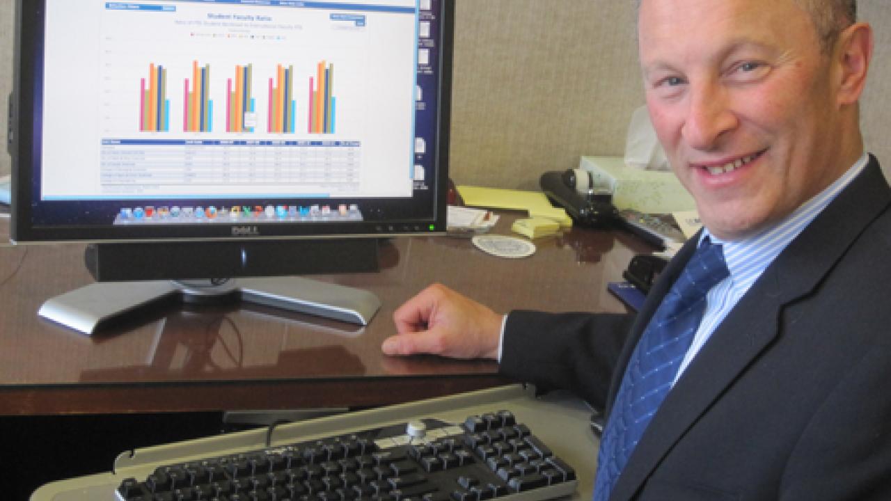 Photo: Provost Ralph J. Hexter, at computer monitor showing the provost's Dashboard