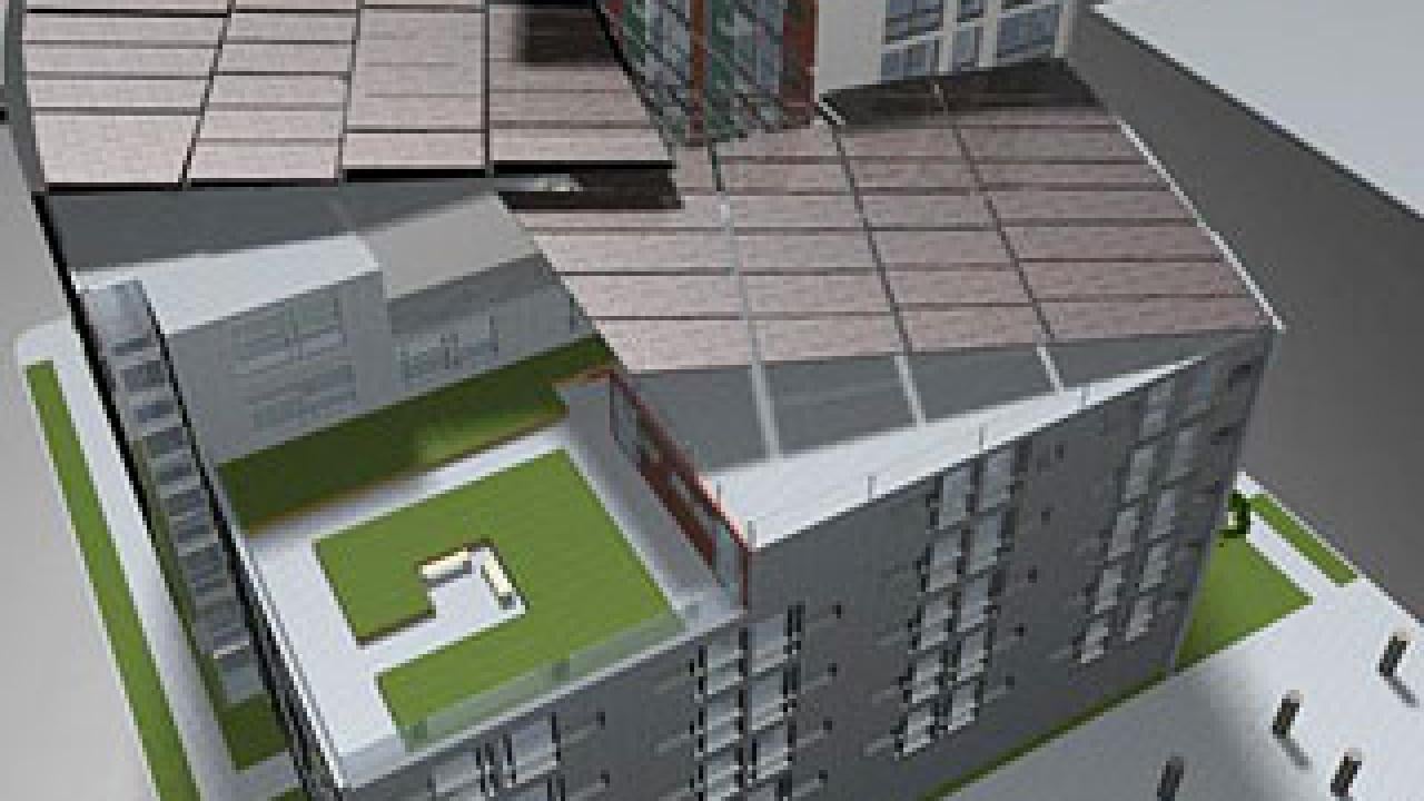 Graphic: View of several story building from roof top vantage point