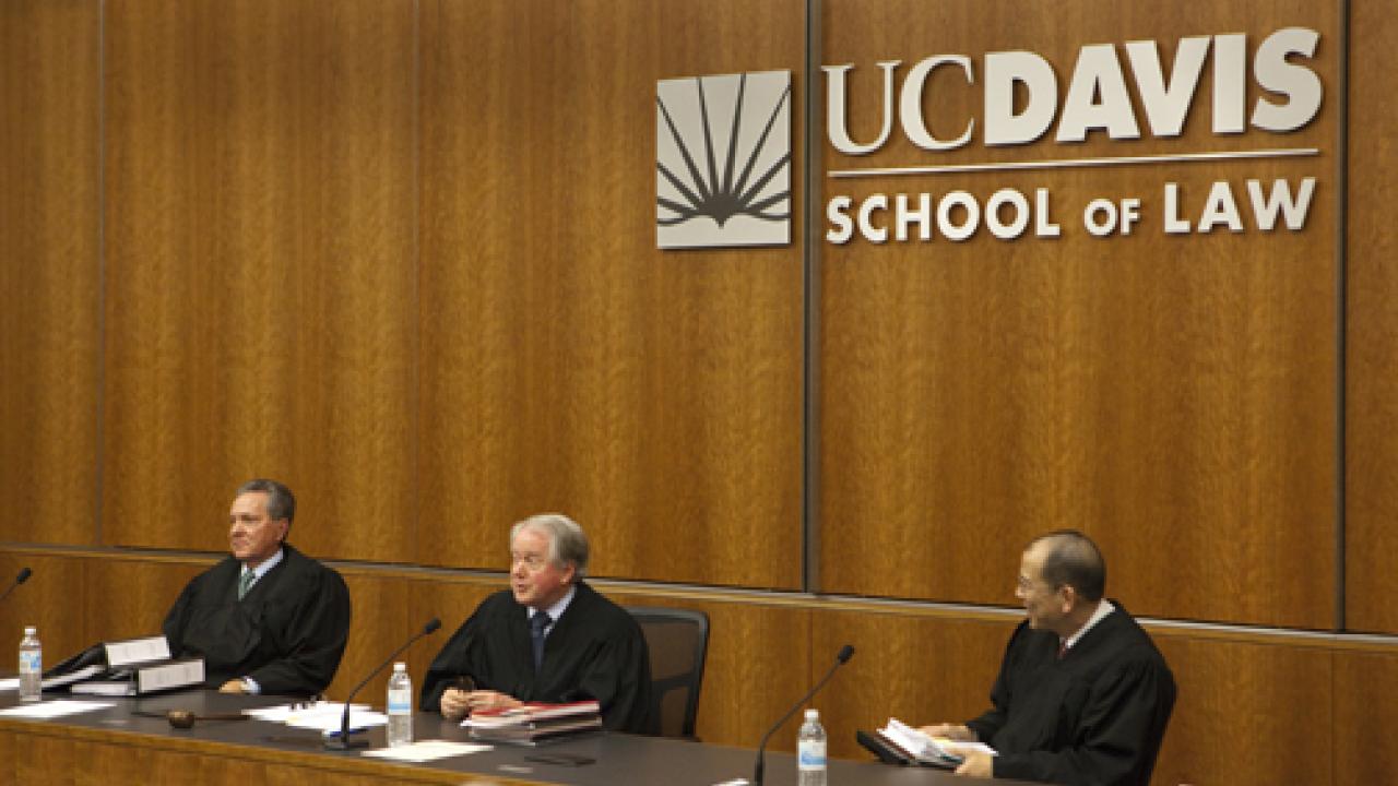 Photo: 9th U.S. Circuit Court of Appeals panel in the Kalmanovitz Appellate Courtroom. Milan D. Smith Jr., William A. Fletcher and George H. Wu.