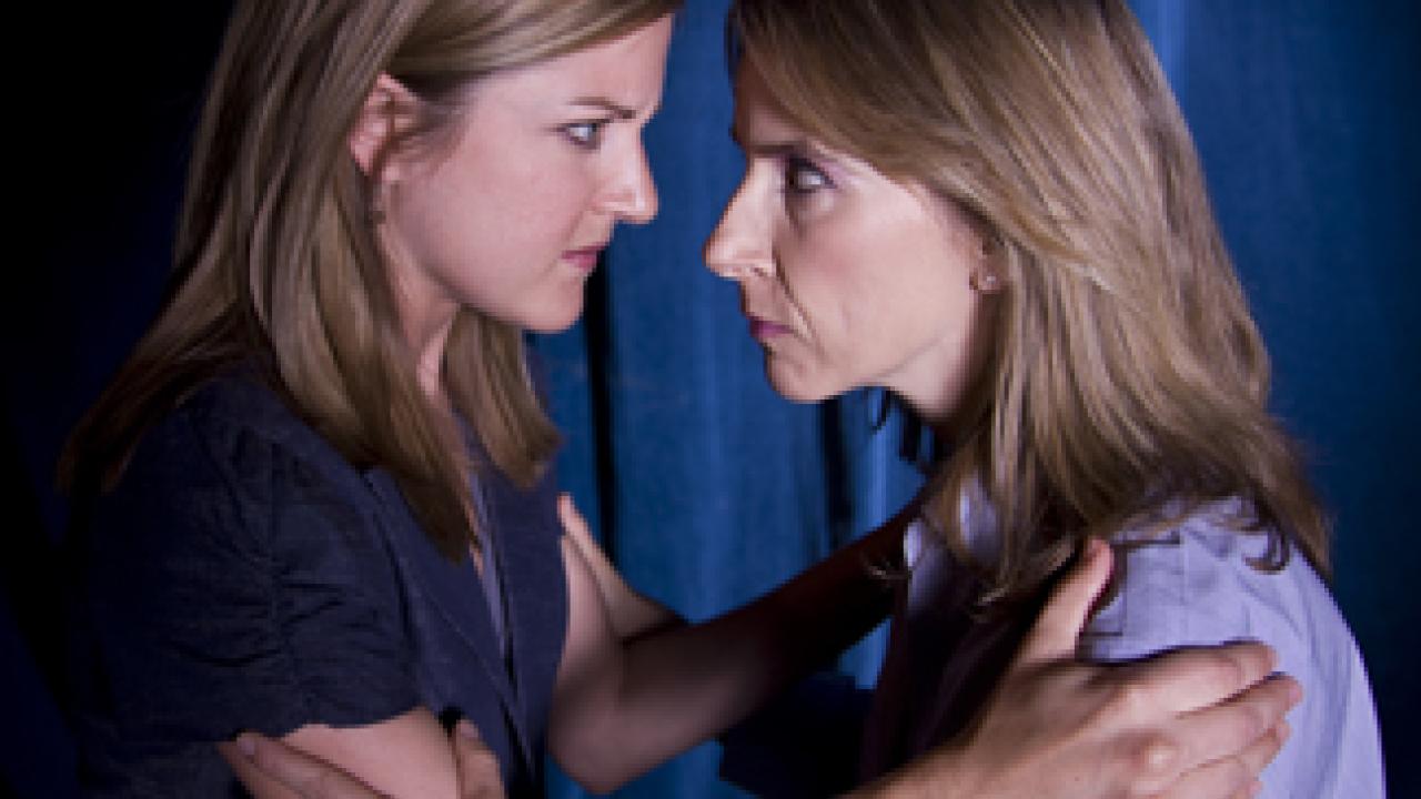 Graduate student Anne Reeder and Bella Merlin, a professor in the Department of Theatre and Dance, rehearse a scene from Elephant's Graveyard.
