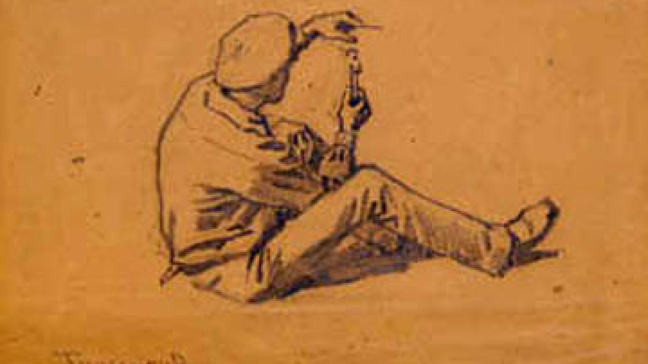 Thure de Thulstrup's Seated Figure. pencil on tan wove paper, 19th century