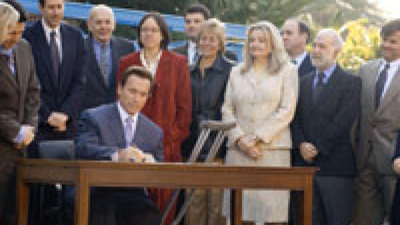 California Gov. Arnold Schwarzenegger signs an executive order establishing the world&rsquo;s first greenhouse gas standard for transportation fuels. California is the world&rsquo;s 12th largest source of carbon dioxide, the most prevalent greenhouse ga