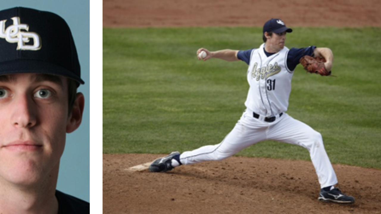Photos (2): Scott Heinig, team photo, and on the mound for the UC Davis Aggies