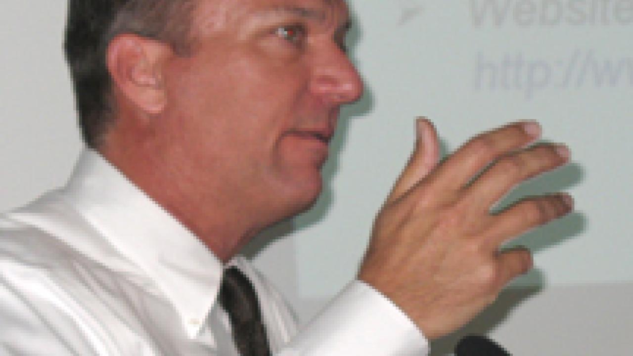 Gary Schlimgen, director of Retirement Programs Policy in the UC Office of the President, addresses a benefits forum Nov. 9 on the Davis campus.