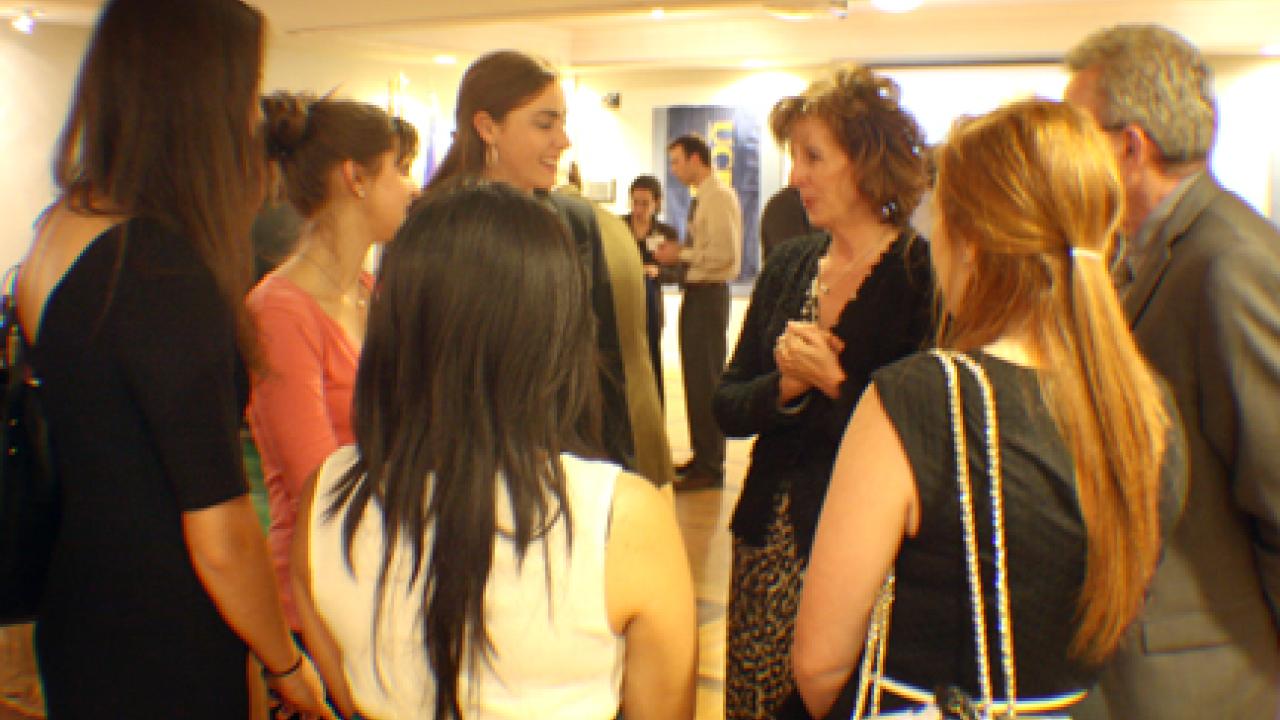 Photo: Chancellor Linda P.B. Katehi chats with UC Washington Center students during the April 16 reception at the Greek Embassy in Washington, D.C.