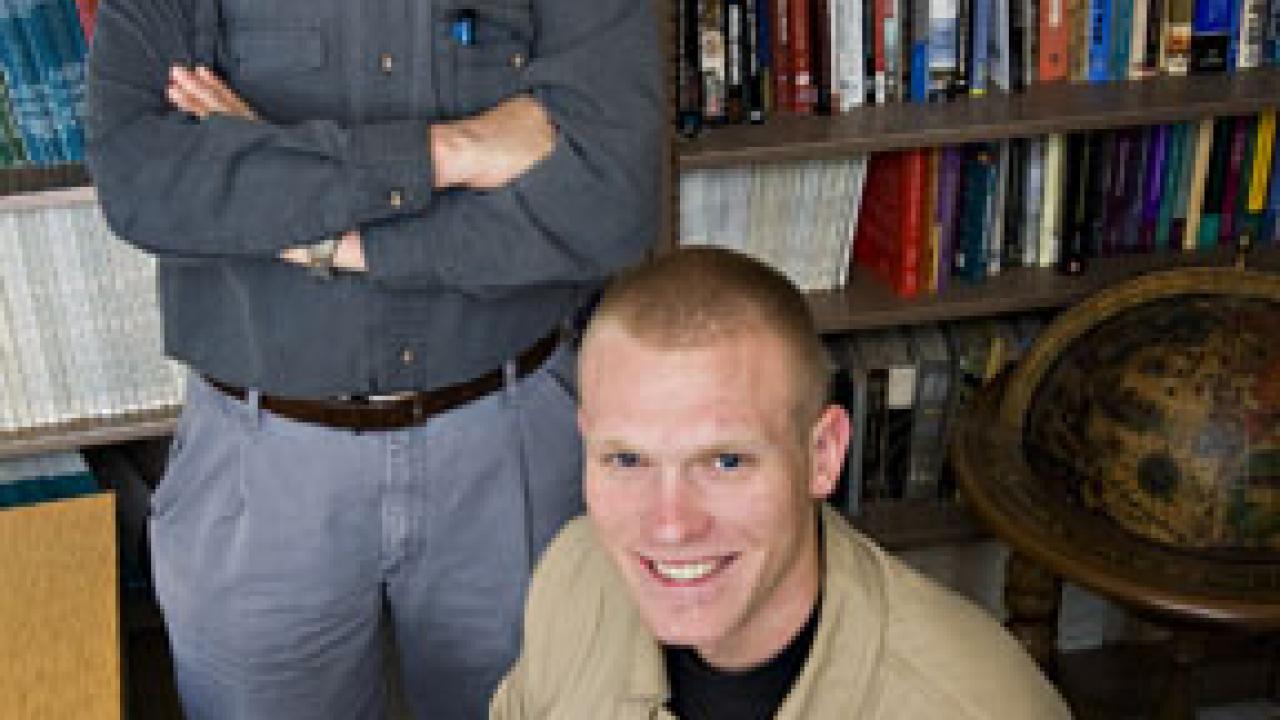 Professor Zeev Maoz and Israel-bound Nick Hill, from Dixon, a second-year student majoring in political science.