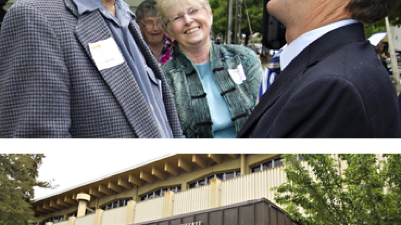 Dan Shadoan, right, congratulates Professor Emeritus of Physics John Jungerman at the dedication of John A. Jungerman Hall on June 1. Since 1966, the building has housed the Crocker Nuclear Laboratory; it was named in honor of Jungerman, the lab