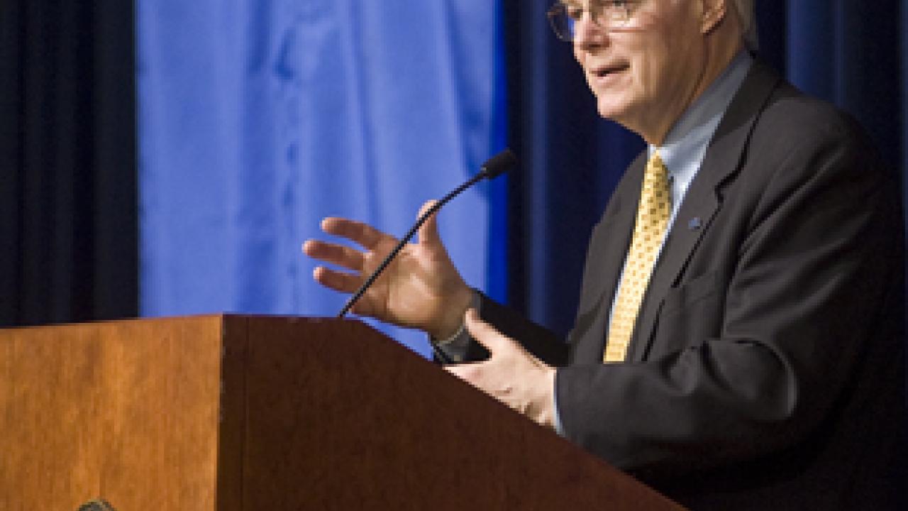 Jim Leach, chairman of the National Endowment for the Humanities, addresses a Freeborn Hall audience on April 8, in the Chancellor's Colloquium series.