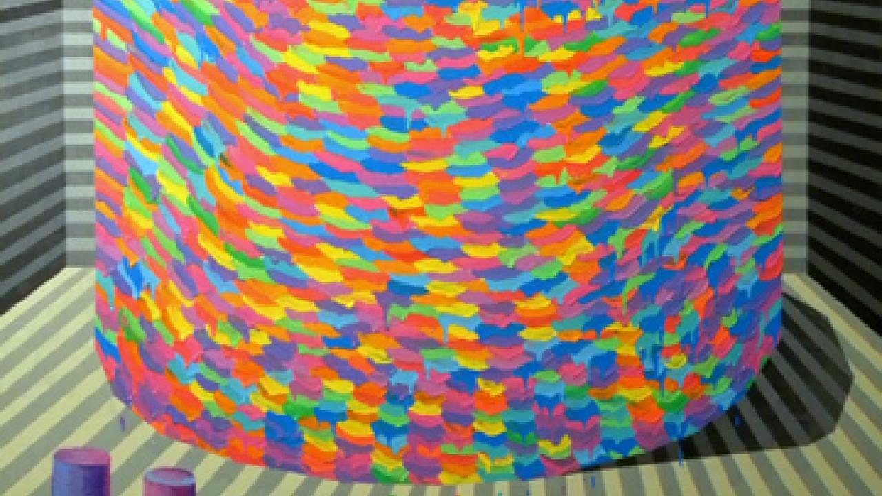 Photo of painting (Mathew Zefeldt's "Cylinders," 2011, acrylic on canvas, 72 by 98 inches); and an image from Jen Cohen's "Venus + X," 2011, HD video