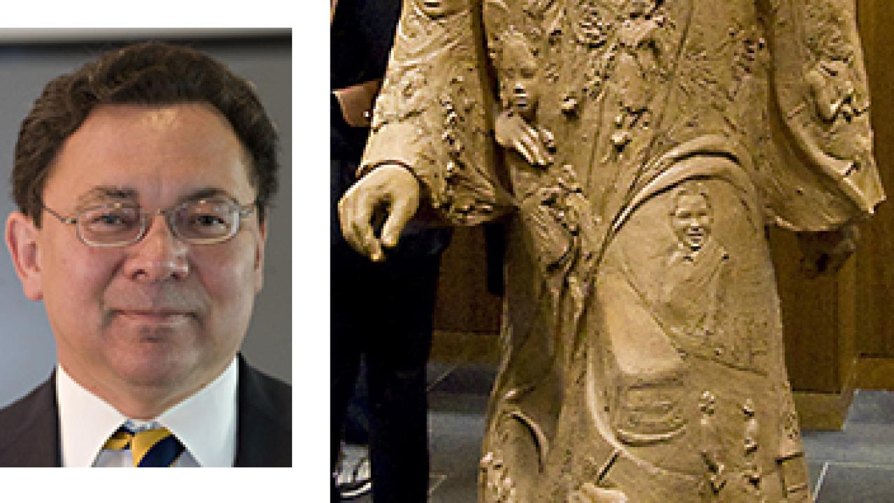 Photos (4): Rahim Reed, Kevin Johnson and Halifu Osumare, mugshots, alongside photo of statue of the Rev. Dr. Martin Luther King Jr. in King Hall