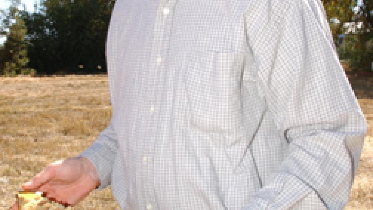 Eric Mussen and a frame from a beehive.