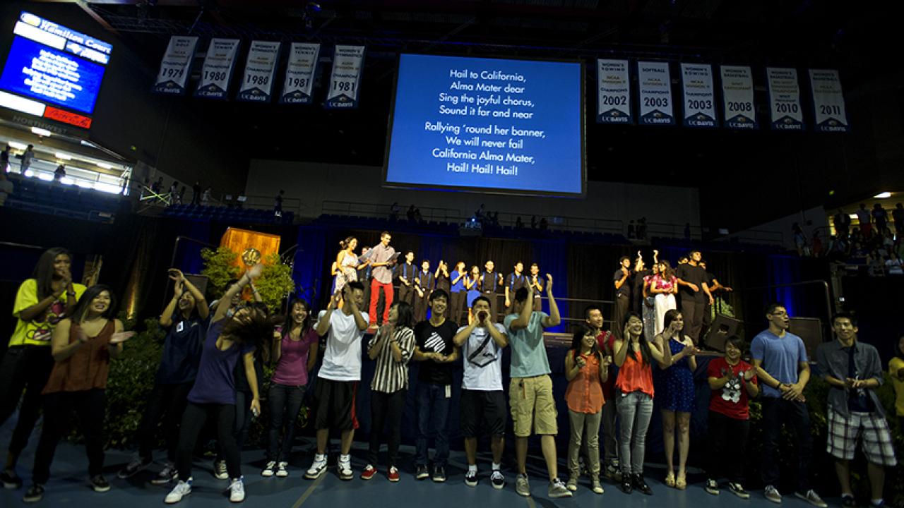 Photo: Students sing the alma mater, "Hail to California."