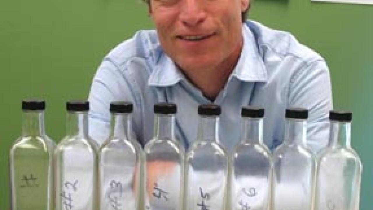 Dan Flynn displays bottles containing samples of oil from various trees harvested on different days; the samples are used in the blending process.