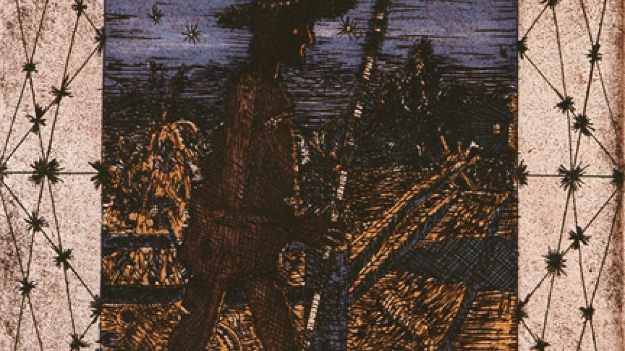 Photo of artwork: Scarecrow (1975), aquatint etching on paper, 10 inches by 8 inches, by William T. Wiley