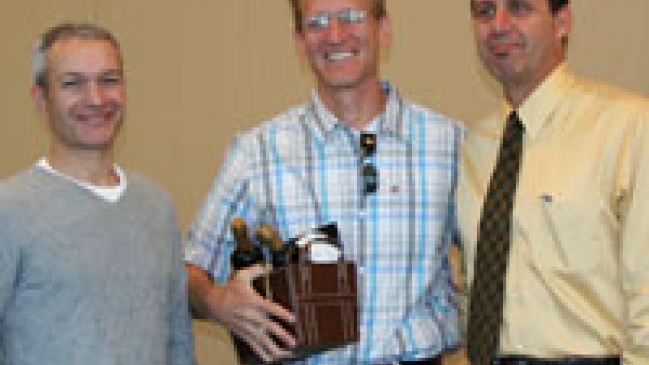 The cast of UC Davis&rsquo; own version of Punk&rsquo;d, from left: Italian businessman Fabrizio Floriani, David Phillips of Operations & Maintenance, and campus olive oil king Sal Genito, director of Buildings and Grounds.