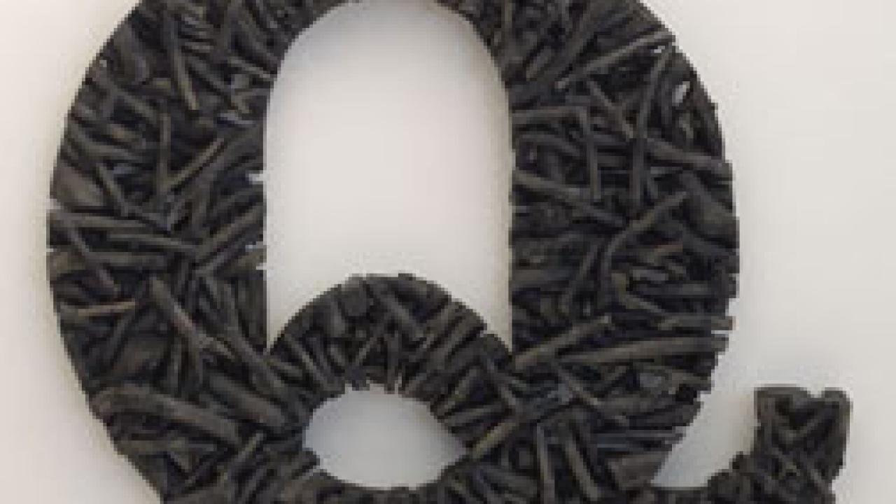 Gy&Atilde;&para;ngy Laky&rsquo;s Q with no A (2007): ash branches with paint and dry wall screws, 29 by 25 inches, and 2.5 inches deep.