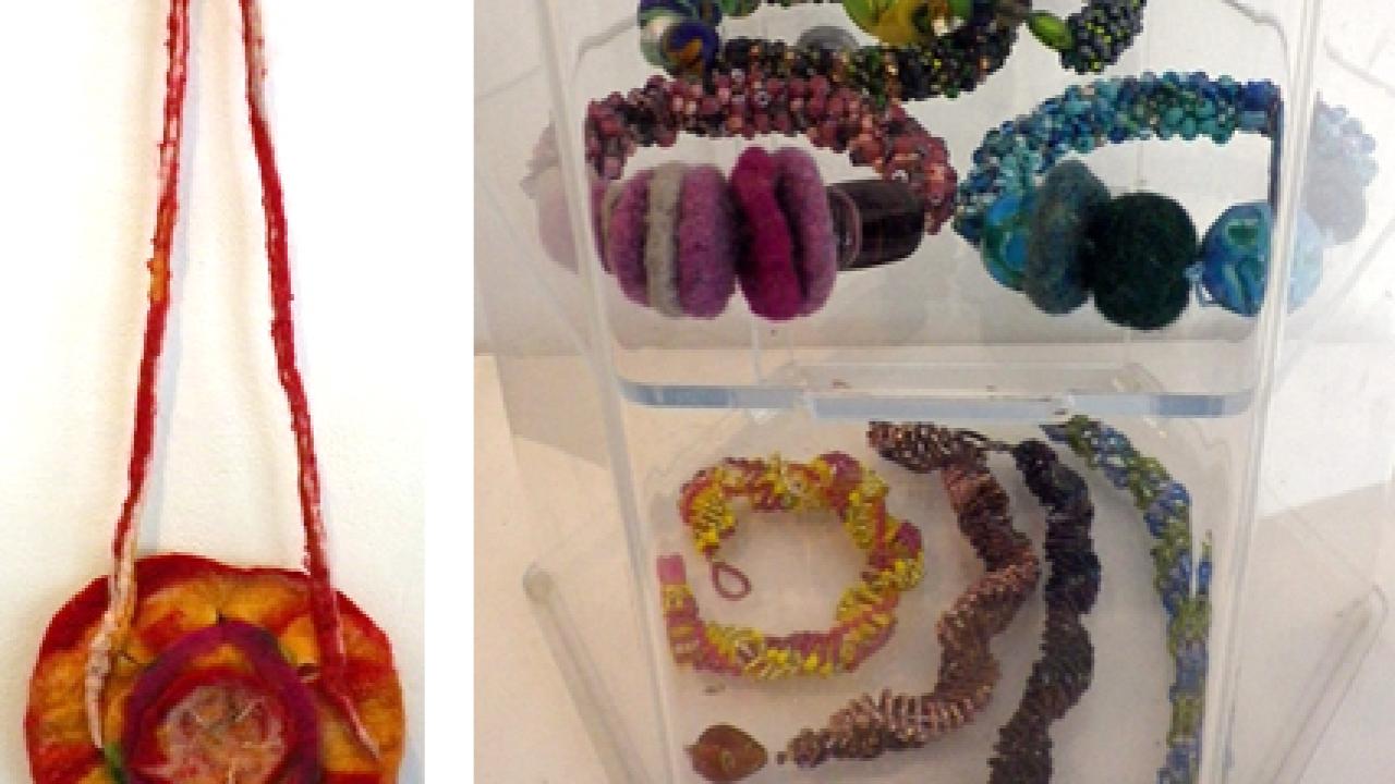 Photos (2): Rapunzyl's Designs include felted floral handbag, and felt and beaded jewelry.