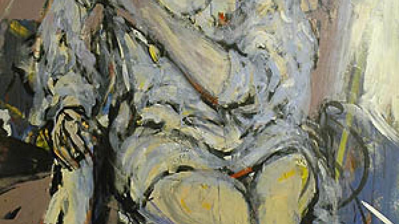 Jack Ogdens untitled seated woman, about 80 inches by 40 inches, oil on masonite.