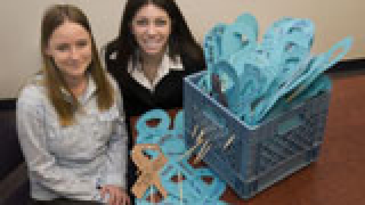 For the Victims Memorial Project next week, Shauna Stratton, left, and
Marisa Messier of the Campus Violence Prevention Program are collecting
paper ribbons inscribed with sexual as
