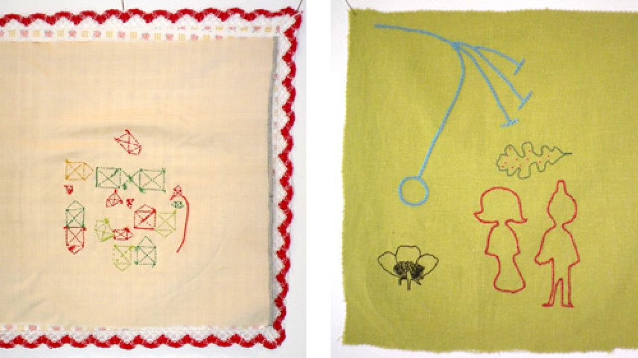 Photos (2): Embroidery sketches, House Test and Red Figures, by Laura J. Reyes