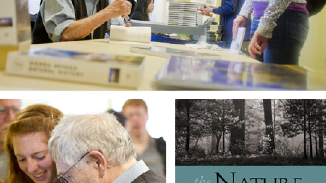 Photos (3): Professor Emeritus Gary Snyder signs copies of The Nature of This Place for students Giana Ciapponi and Samantha Dullea, plus an image of 
