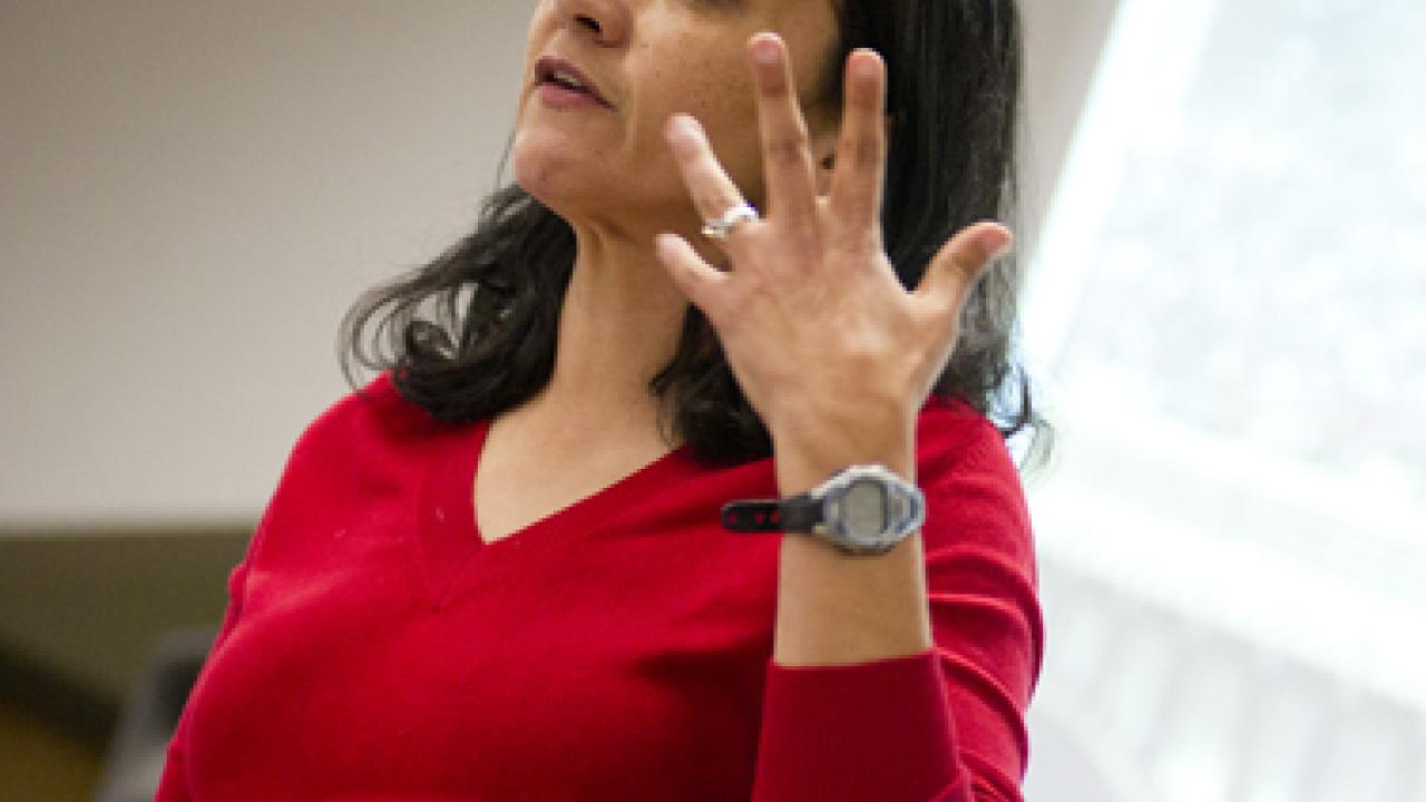 Photo: Noah Radwan, assistant professor of comparative literature, at Feb. 8 teach-in